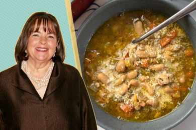 Ina Garten headshot next to a bowl of bean soup