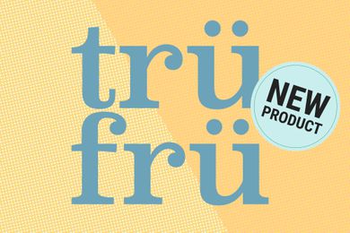 Text 'Trü Frü' with a bubble saying 'New Product' on a patterned background