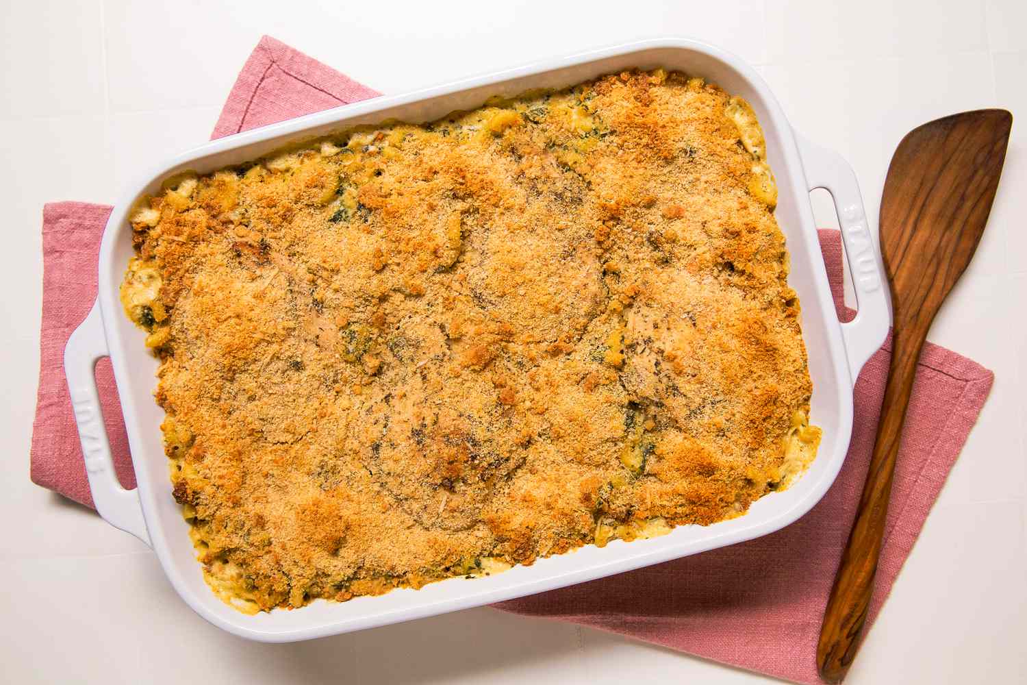 Overhead view of finished baked casserole dish of Marry Me Chicken Casserole recipe