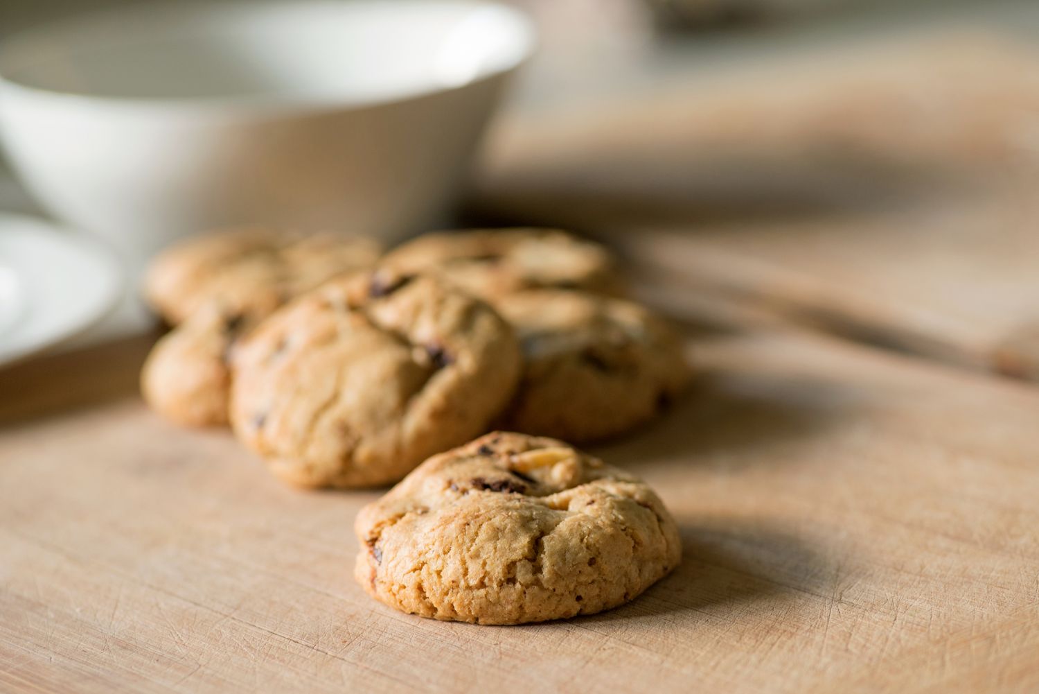 Chocolate chip cookies on a wooden surface