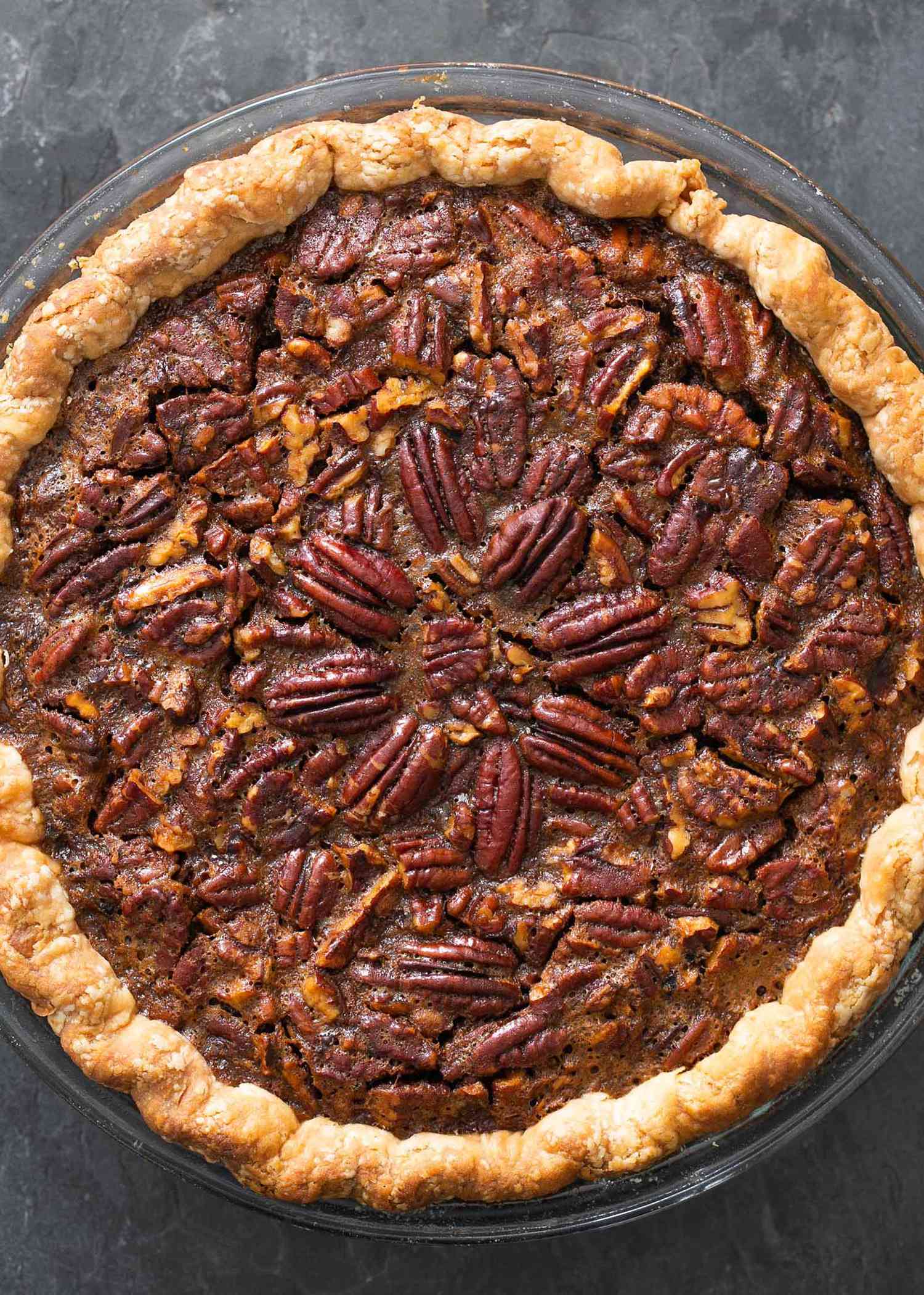 Overhead view of a pecan pie