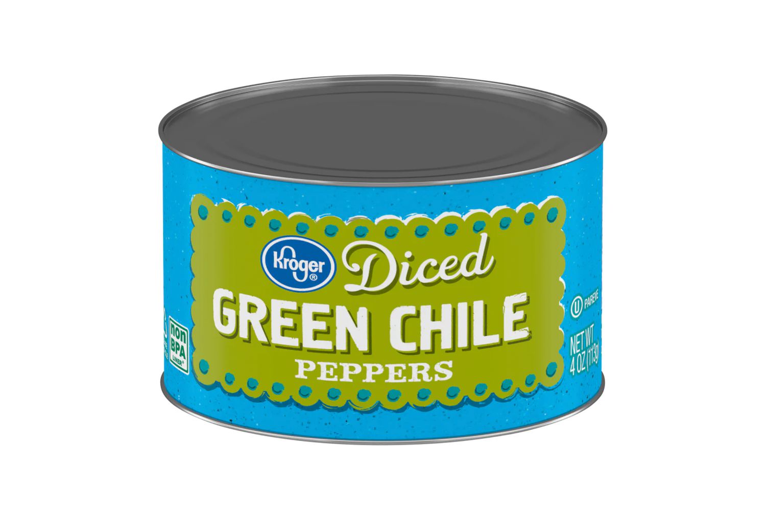 Can of Kroger Diced Green Chile Peppers on a white background