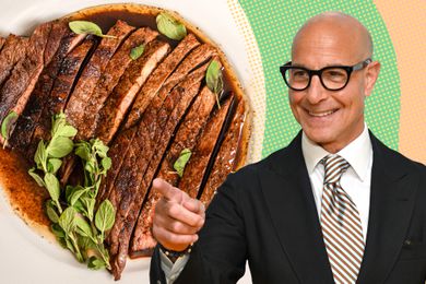 portrait of Stanley Tucci next to a photo of deliciously cooked steak