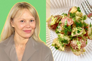 Pamela Anderson next to a photo of potato salad on a white plate