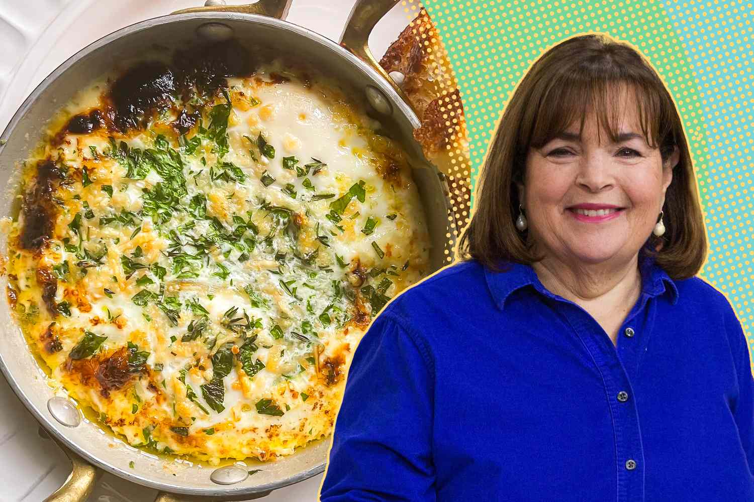 portrait of Ina Garten next to an image of Herbed Baked Eggs