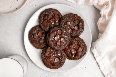 Easy chocolate chocolate cookies on a white plate.