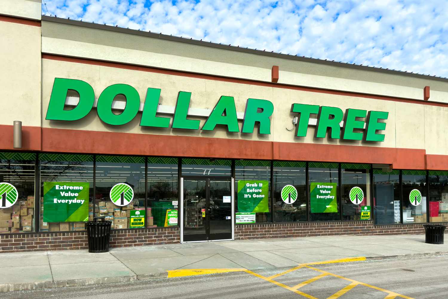 Exterior of a Dollar Tree store with signage and storefront displayed