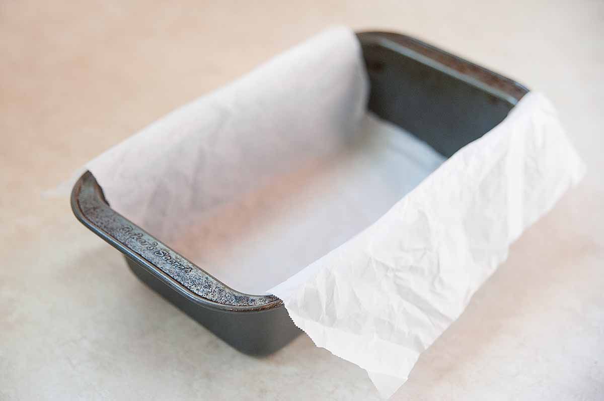 Lemon Pound Cake Recipe - loaf pan lined with parchment paper
