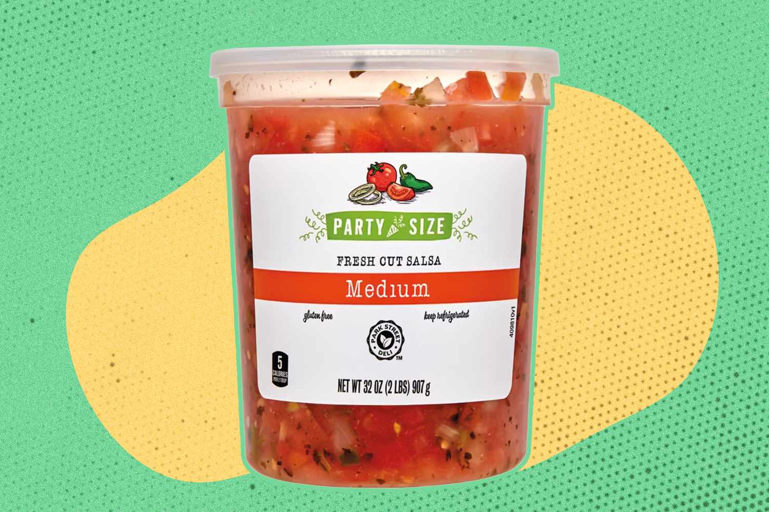 A container of medium fresh salsa labeled "Party Size," placed against a colorful background