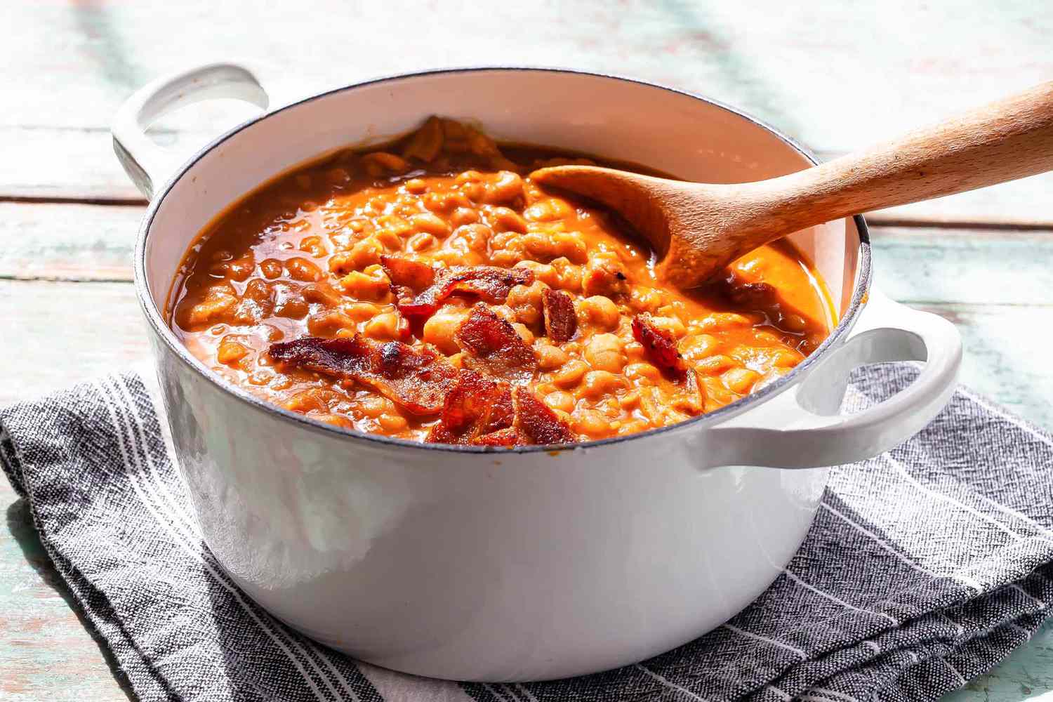 stovetop baked beans in a white pot