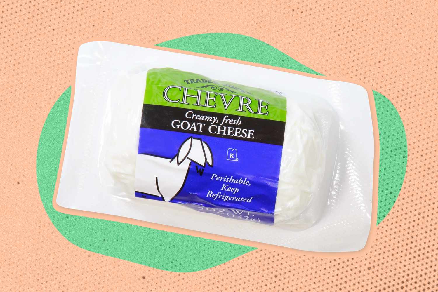Trader Joe's Chevre over a peach and green color block illustration