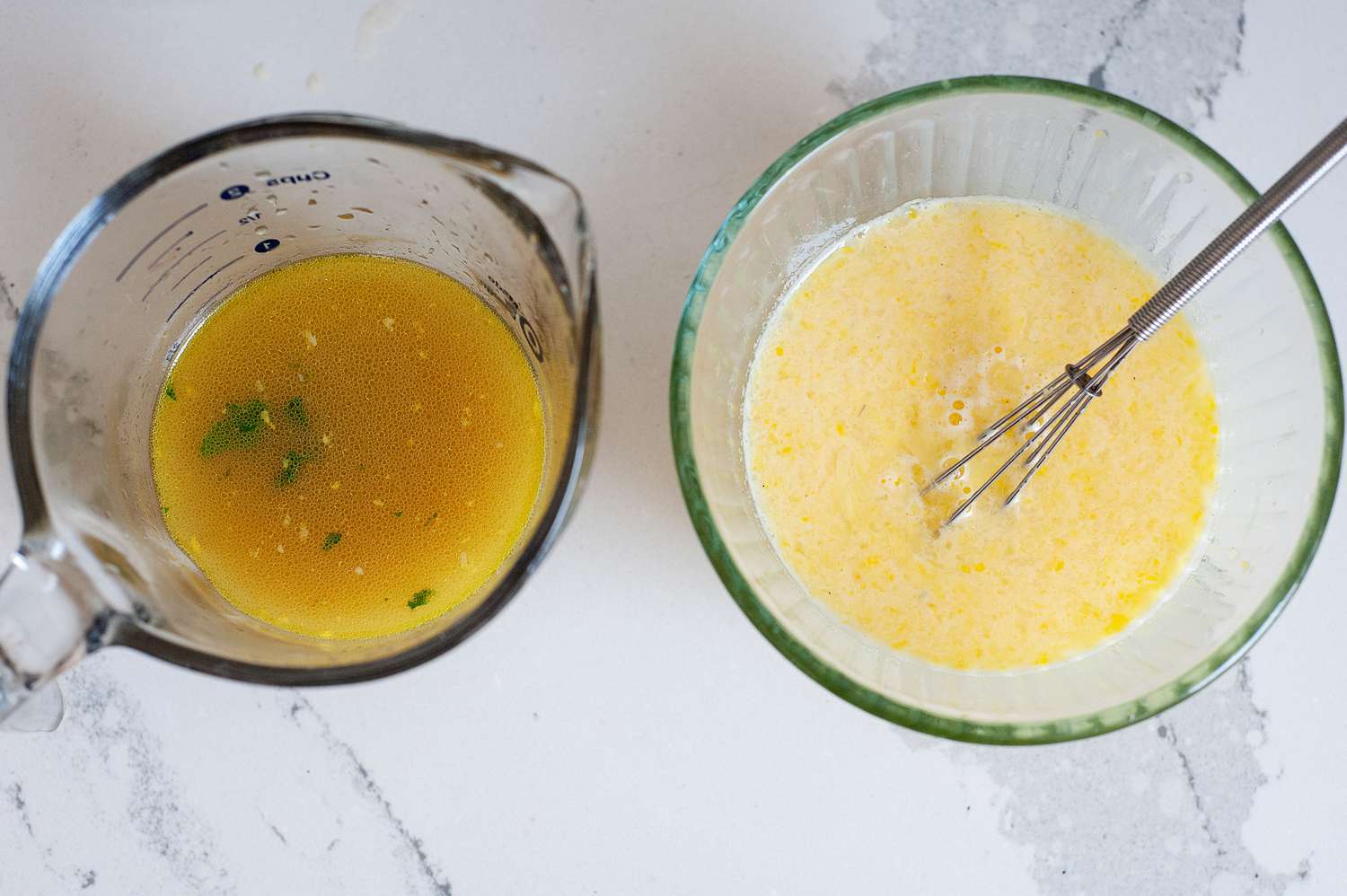Tempering the eggs with chicken broth to make “Ripe Figs” lemon chicken soup.