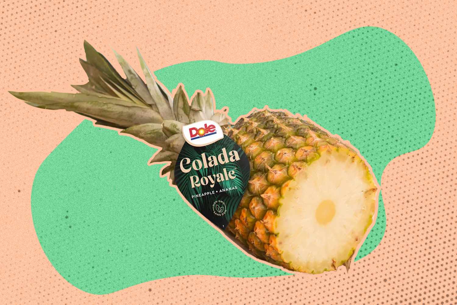 Dolebranded pineapple labeled Colada Royale partially sliced against a textured background