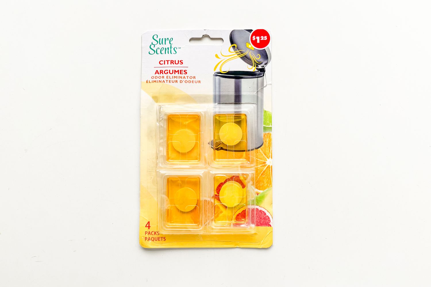 4 Pack Package of Sure Scents Citrus Odor Eliminator from Dollar Tree on a white background