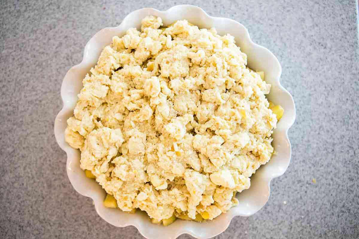 top apples with dough mixture for easy apple cobbler