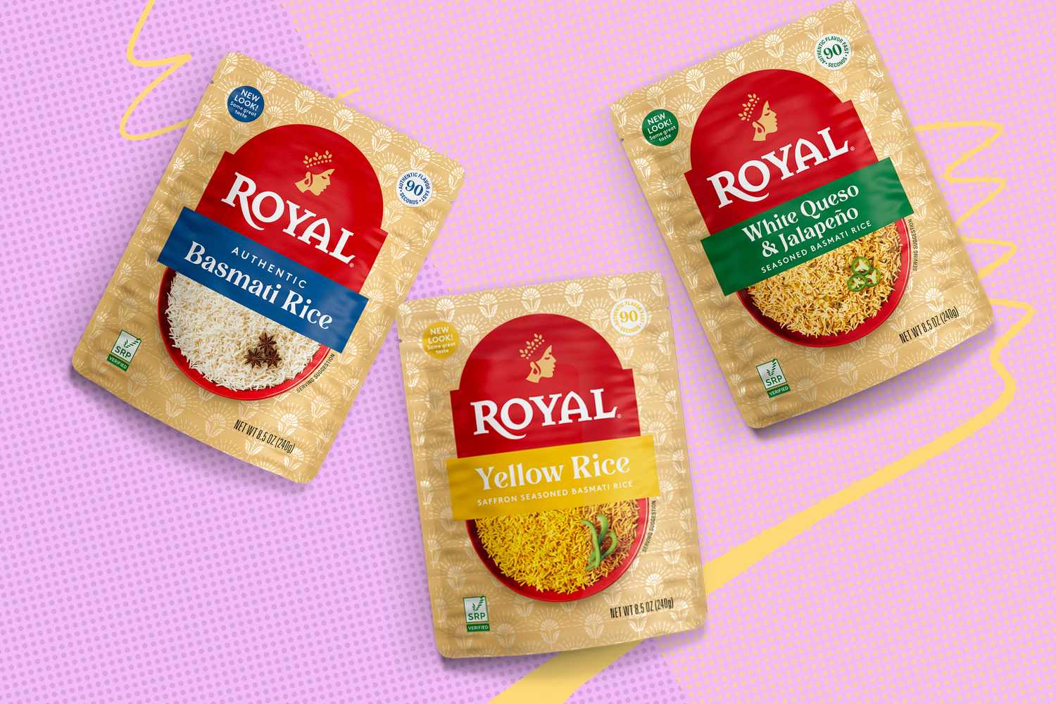 Three Royal rice pouches including Basmati Rice Yellow Rice and White Quinoa Jalapeno displayed on a textured background