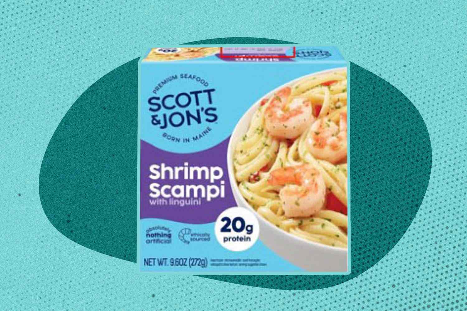 A boxed meal of Scott Jons Shrimp Scampi with linguini