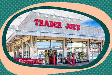 Photo of Trader Joe's Storefront With Fun Green and Orange Illustrations Around the Photo