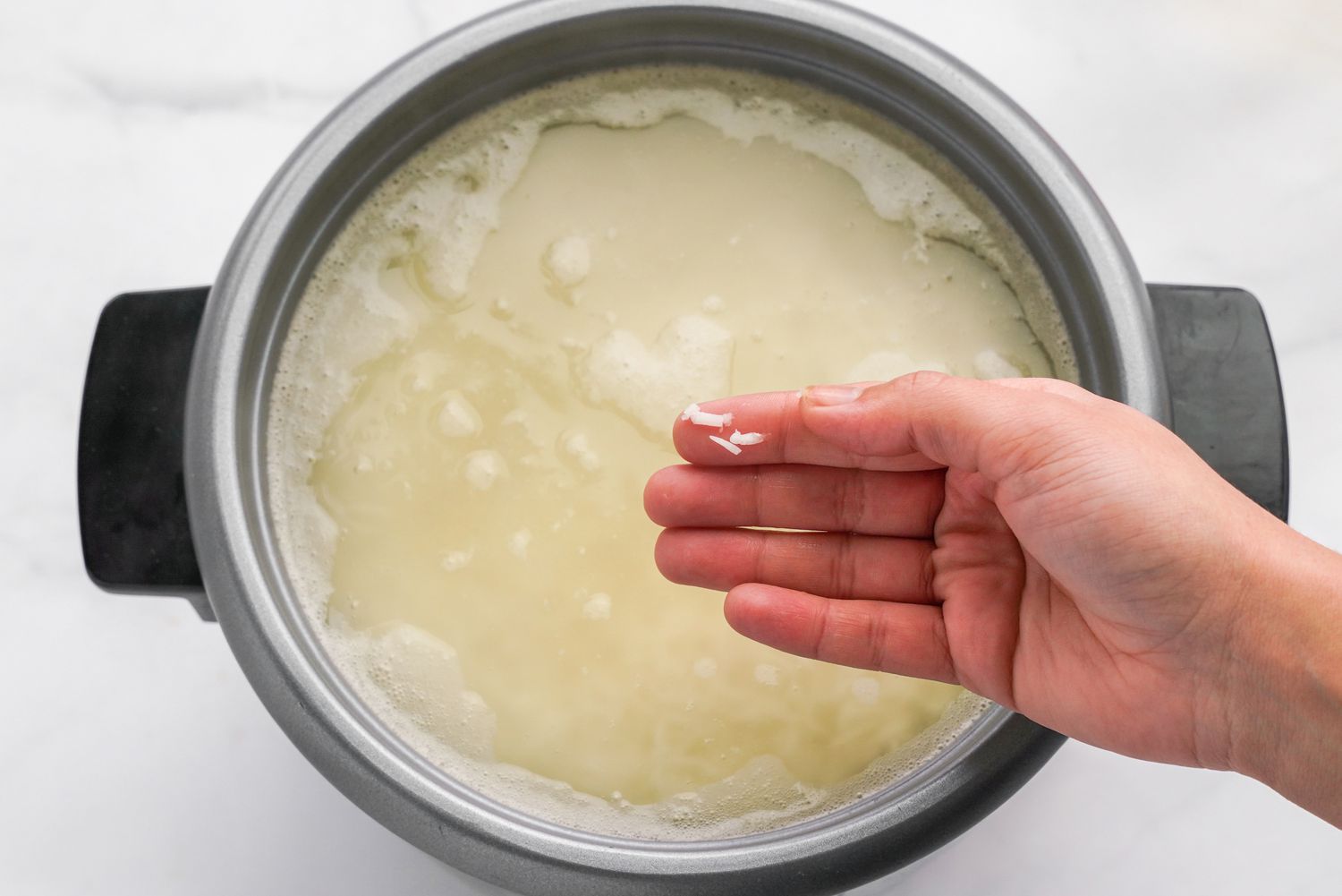 Piece of Basmati Rice Squished Between Two Fingers to Showcase Texture of Parboiled Rice for Sabzi Polo (Persian Herb Rice)