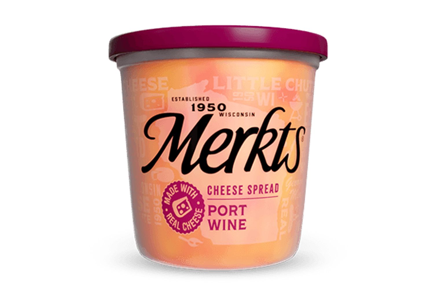 Container of Merkts Port Wine Cheese Spread with the label displayed prominently