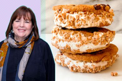Ina Garten next to a stack of ice cream sandwiches made with cookies and coated with chopped nuts