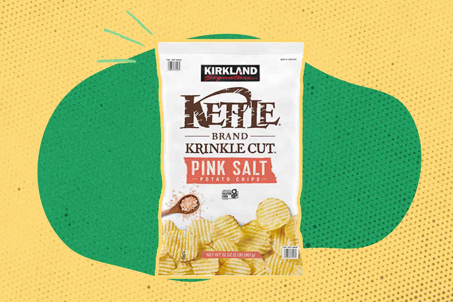 Kirkland Signature Kettle Brand Krinkle Cut Potato Chips bag on a colorful background