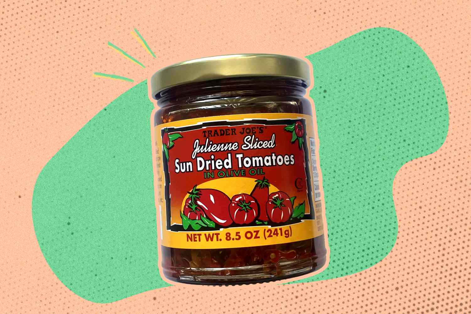 A jar of Trader Joe's julienne sliced sun dried tomatoes in olive oil; the label shows a tomato illustration