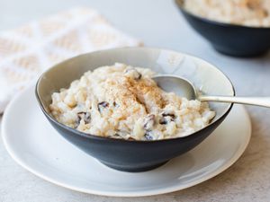 Rice Pudding with cinnamon sprinkled on top in a bowl 