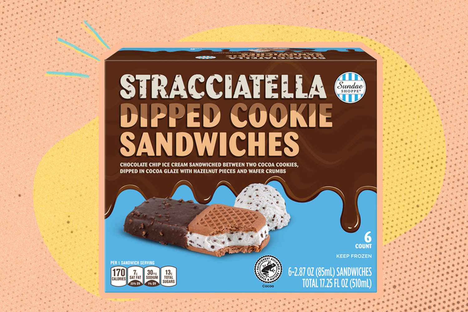 Stracciatella Dipped Cookie Sandwiches box over a color-block background 