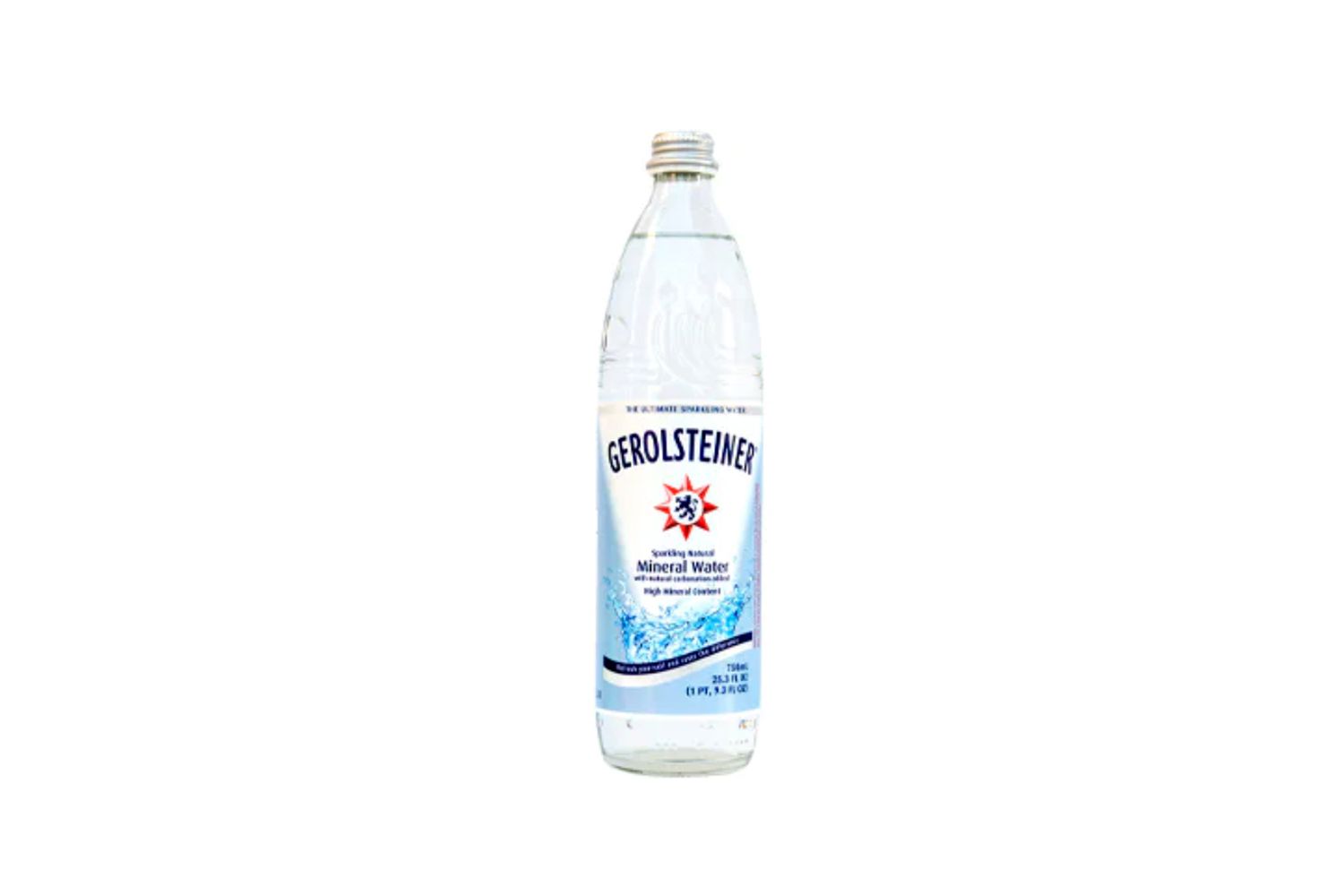 A bottle of Gerolsteiner mineral water in front of a white background