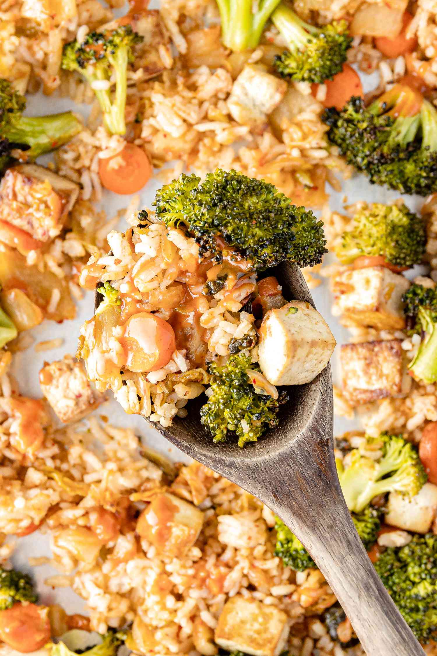 Sheet Pan Fried Rice on a Spoon
