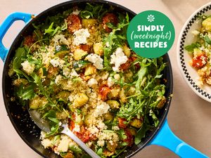 A skillet of a vegetable and quinoa dish labeled Simply Weeknight Recipes with a plated portion nearby