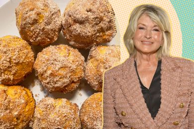 A split image of pumpkin donut muffins on a plate and Martha Stewart smiling in an inset photo on the right