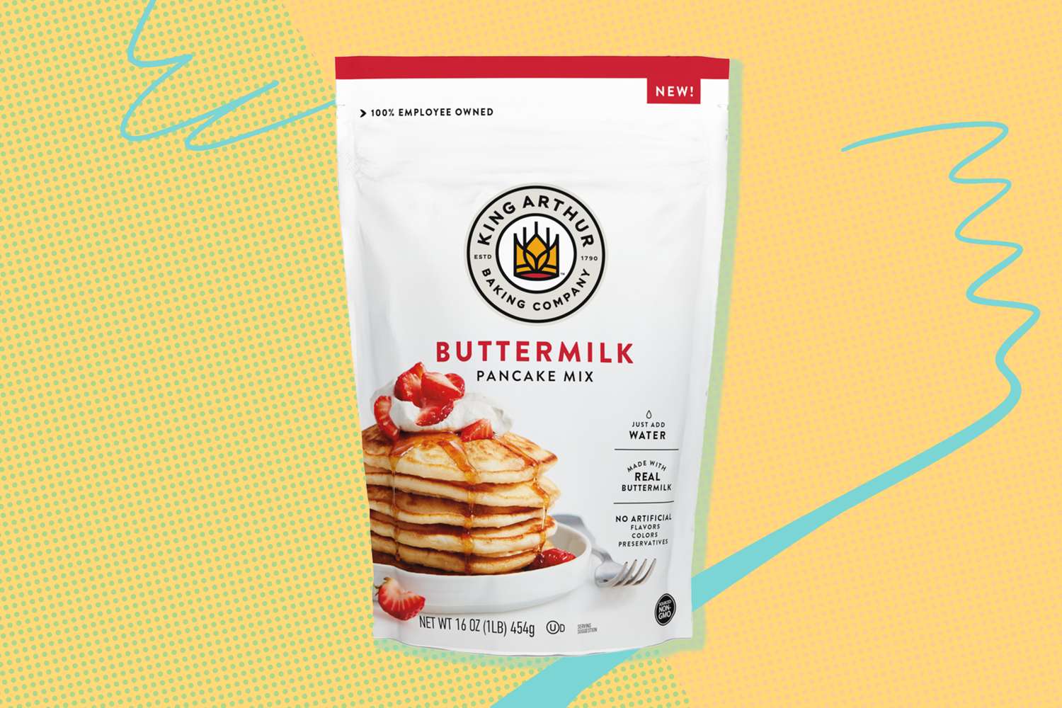 King Arthur Buttermilk Pancake Mix package with pancakes and strawberries illustration