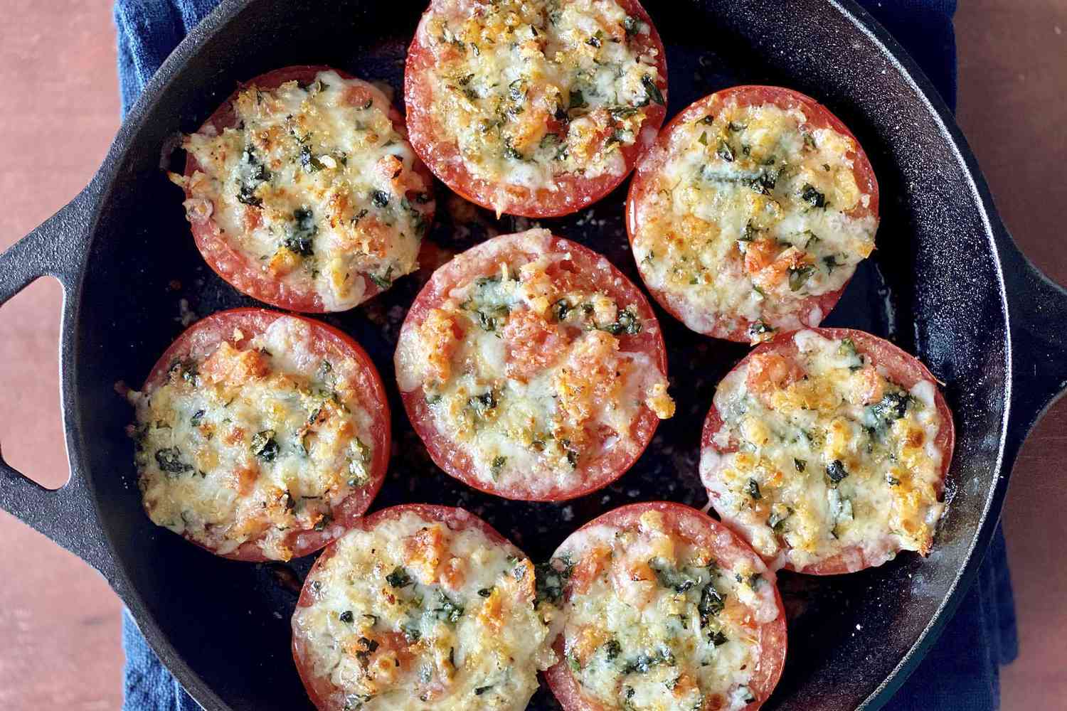 The best stuffed tomatoes in a cast iron skillet.