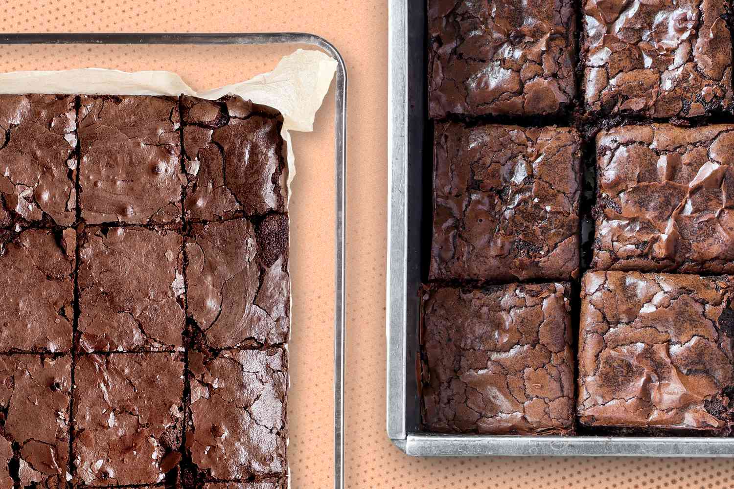 One pan of brownies in a glass dish and another in a steel baking pan on an orange dotted background