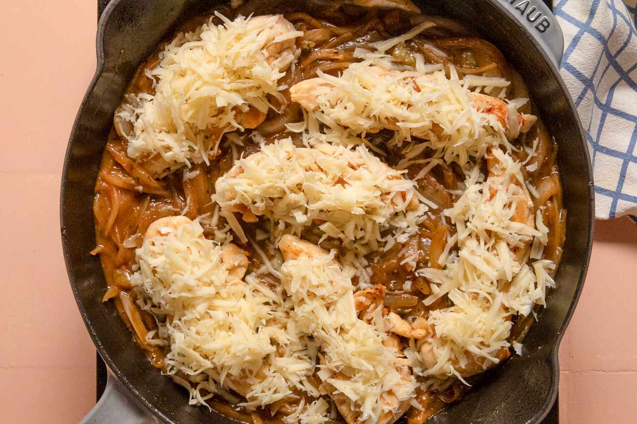 chicken tenderloins topped with shredded cheese for french onion chicken recipe