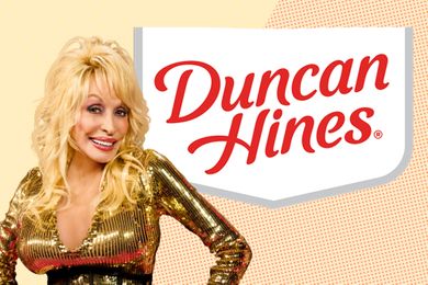 Dolly Parton smiling next to the Duncan Hines logo