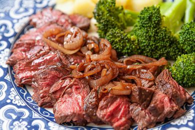 Stovetop Hanger Steak with shallots on a platter for serving