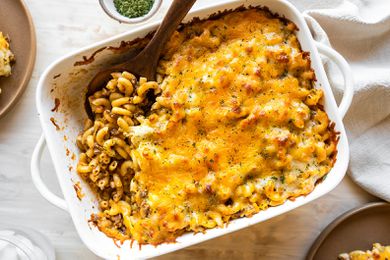 Cheeseburger pasta casserole seen from above