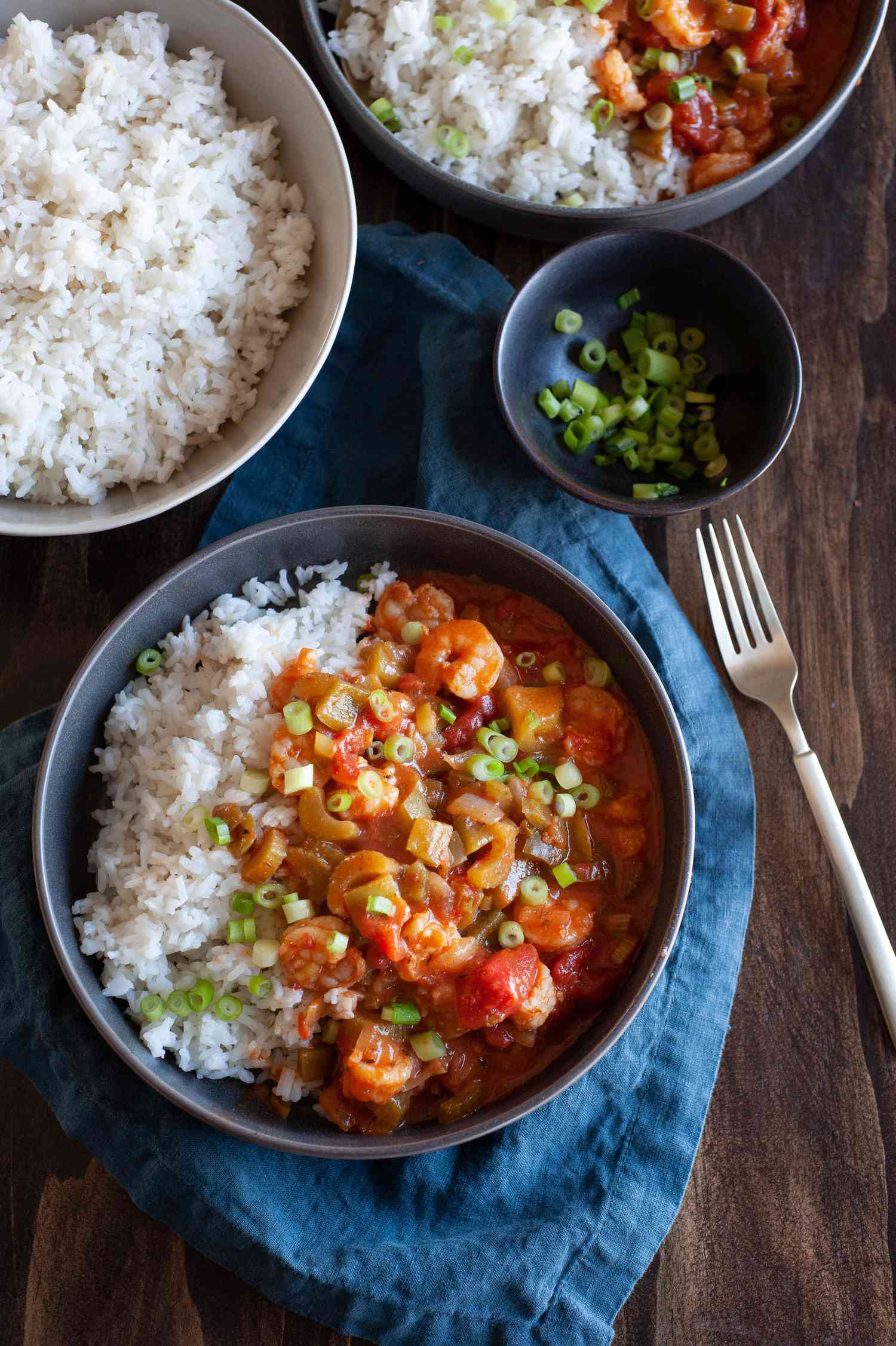 Plated shrimp creole with rice