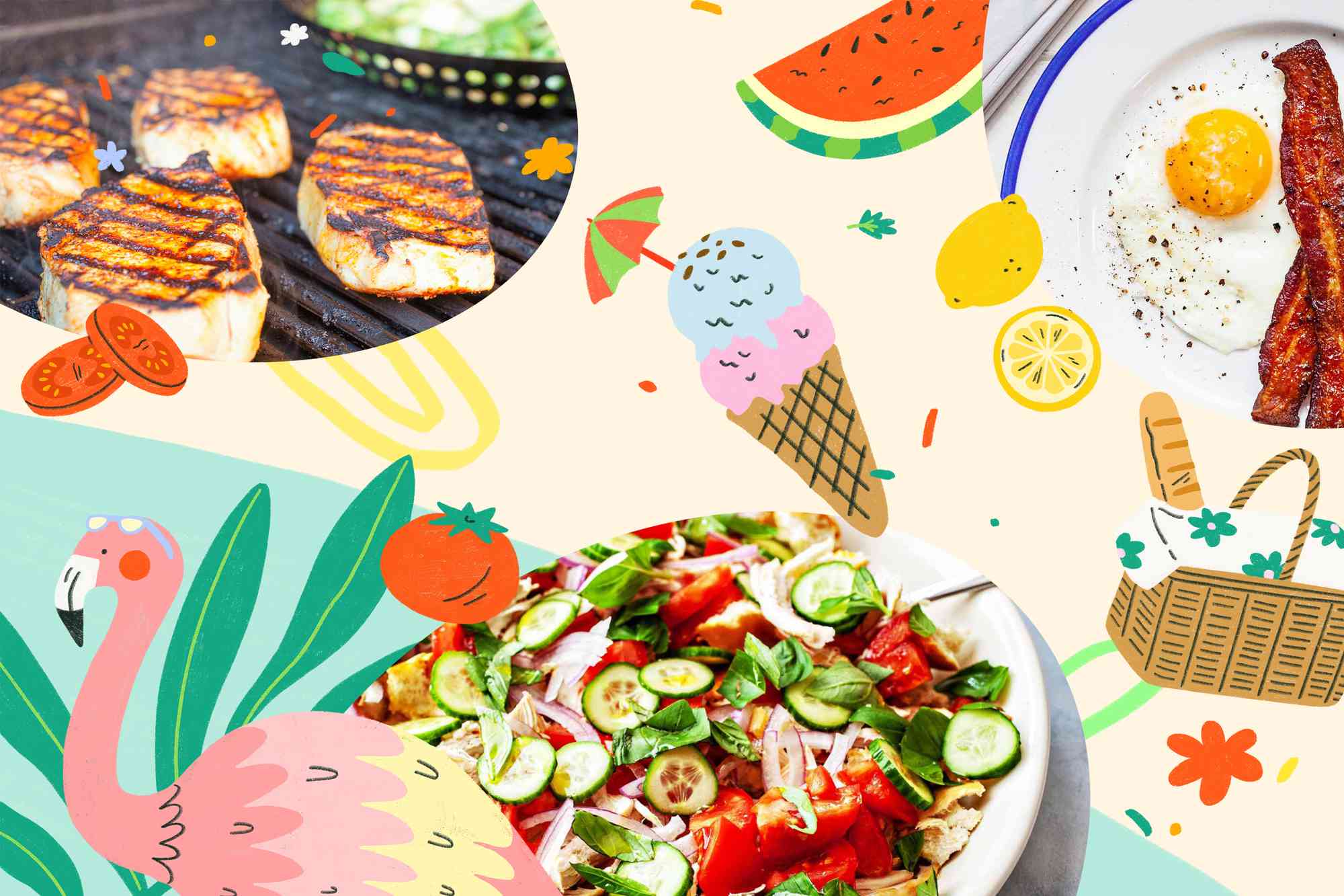 Image of grill, fried eggs, and salad