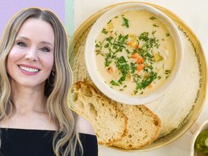 Kristen Bell next to a bowl of soup with bread slices on a plate