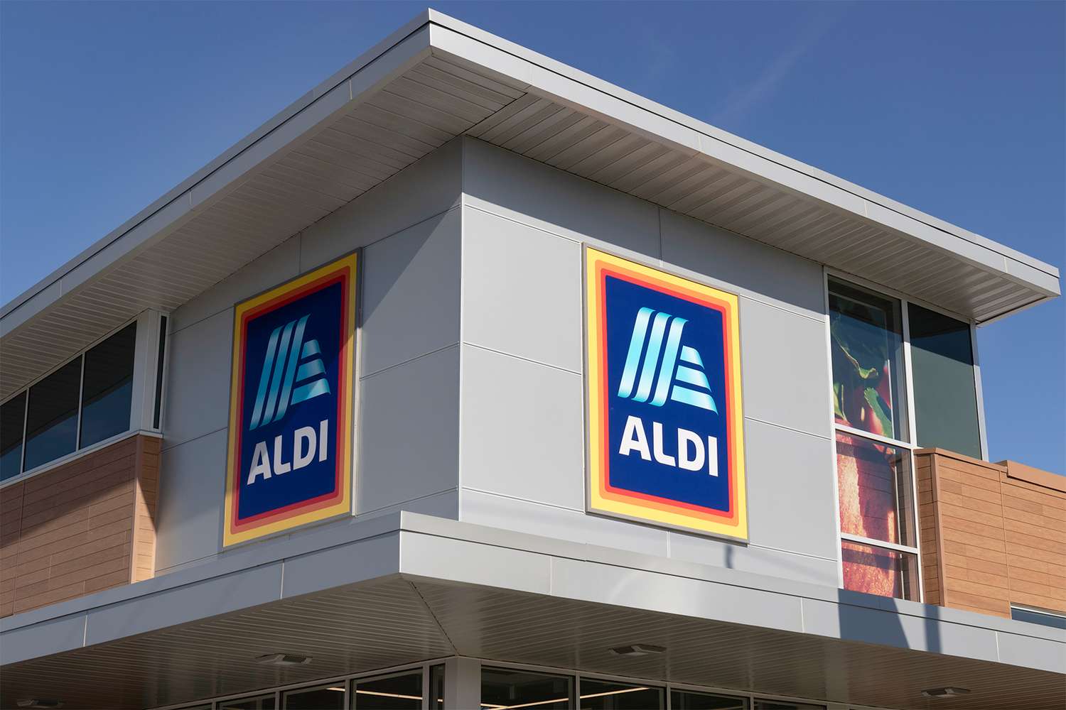 Exterior of an Aldi store showing the logo prominently displayed on its facade