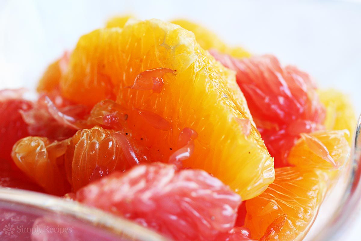 Closeup view of a fruit salad with sliced oranges and grapefruits