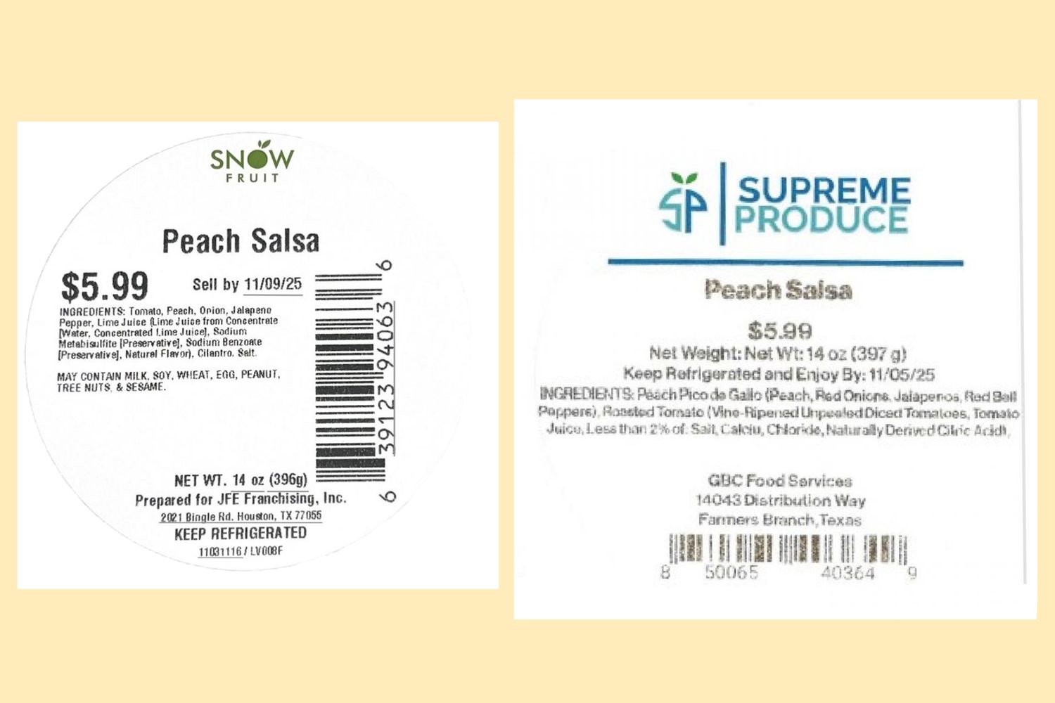 Two product labels for peach salsa from Snow Fruit and Supreme Produce showing prices ingredients and sellby dates