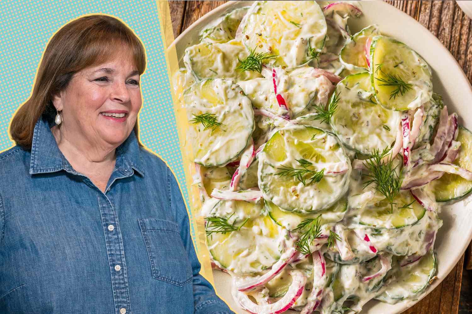 ina garten cut-out over a blue and yellow background next to a photo of cucumber salad