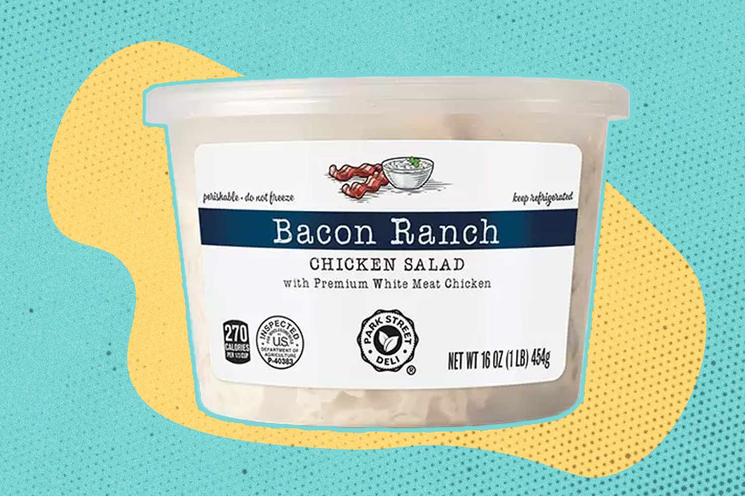 A container of ALDI's Bacon Ranch Chicken Salad on a yellow and blue illustrated background
