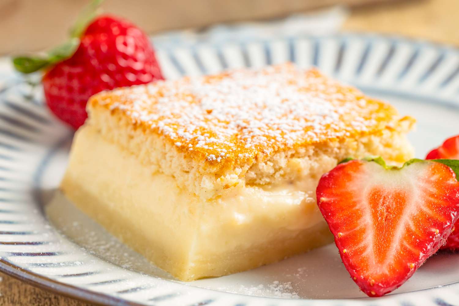 A closeup of a serving of the magic cake recipe on a plate, with fresh strawberries around it for garnish