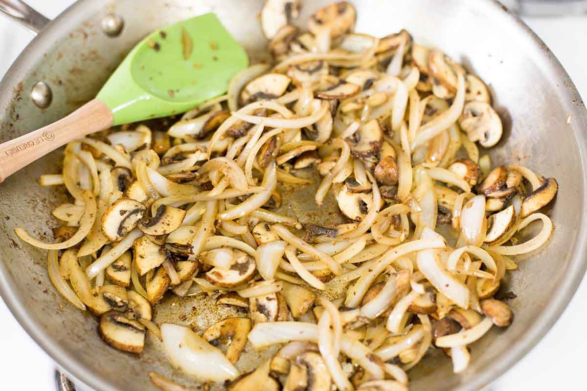 Golden, cooked mushrooms and onions for the best salisbury steak gravy